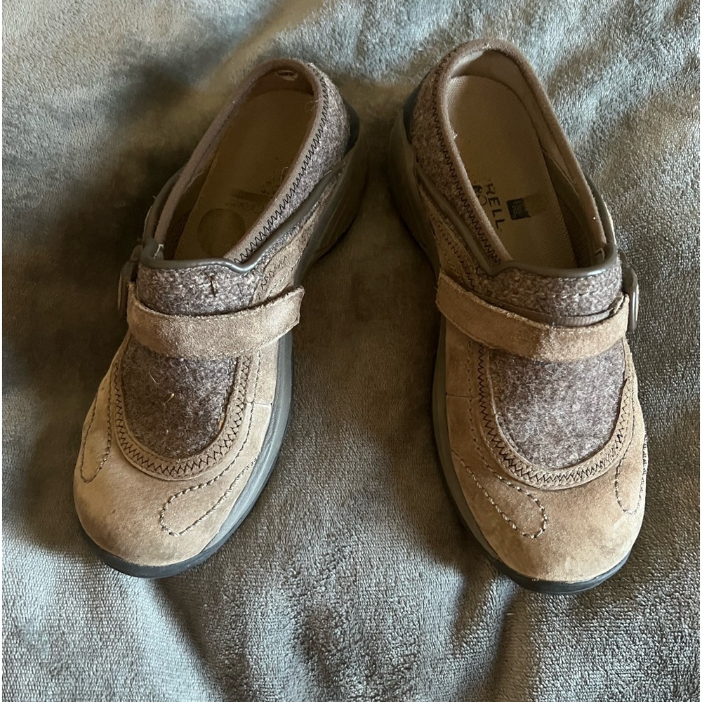 Merrell slipon clog with suede and wool detailing in taupe